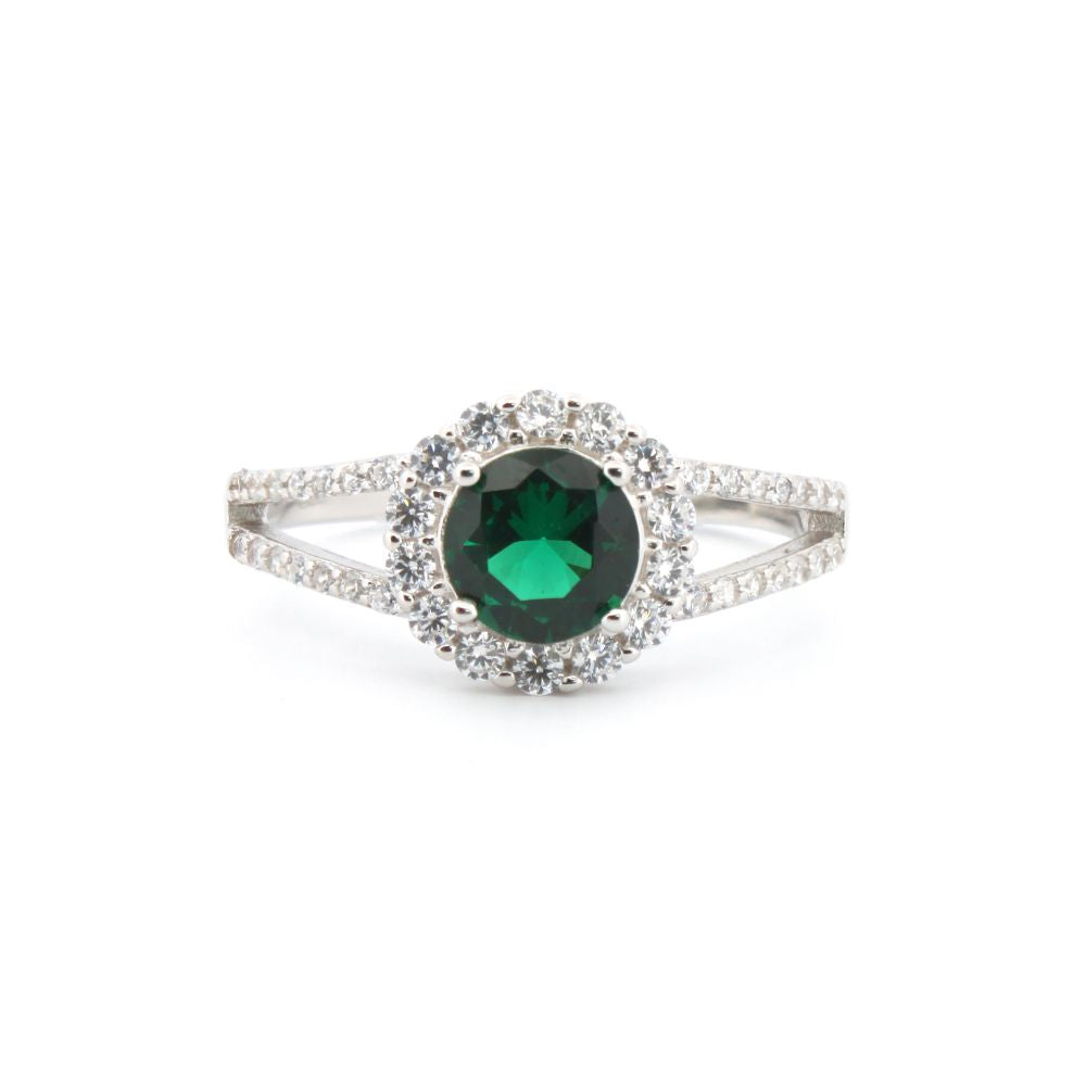 925 Silver Rhodium Cubic Zirconia Set Round Cluster Emerald Green Centre