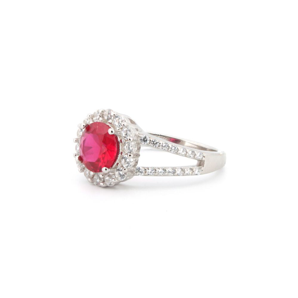 925 Silver Rhodium Cubic Zirconia Set Round Cluster Ruby Red Centre