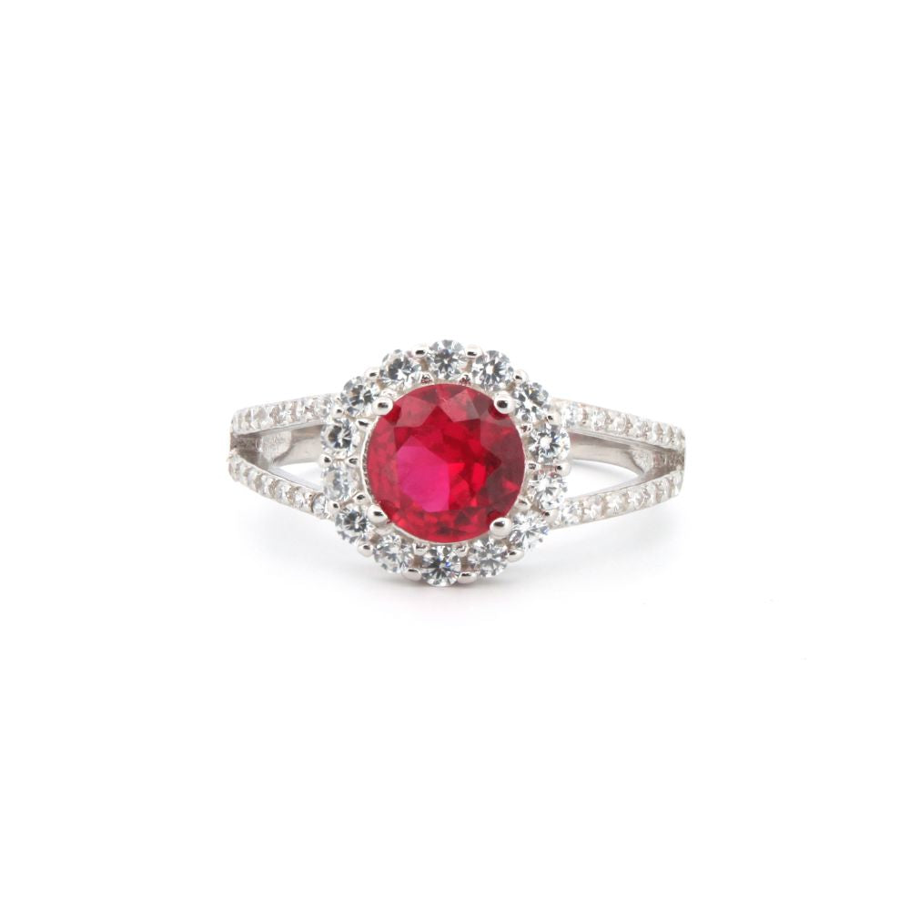 925 Silver Rhodium Cubic Zirconia Set Round Cluster Ruby Red Centre