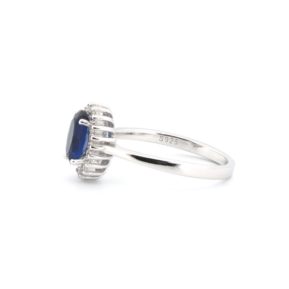 925 Silver Rhodium Cubic Zirconia Set Oval Cluster Sapphire Centre
