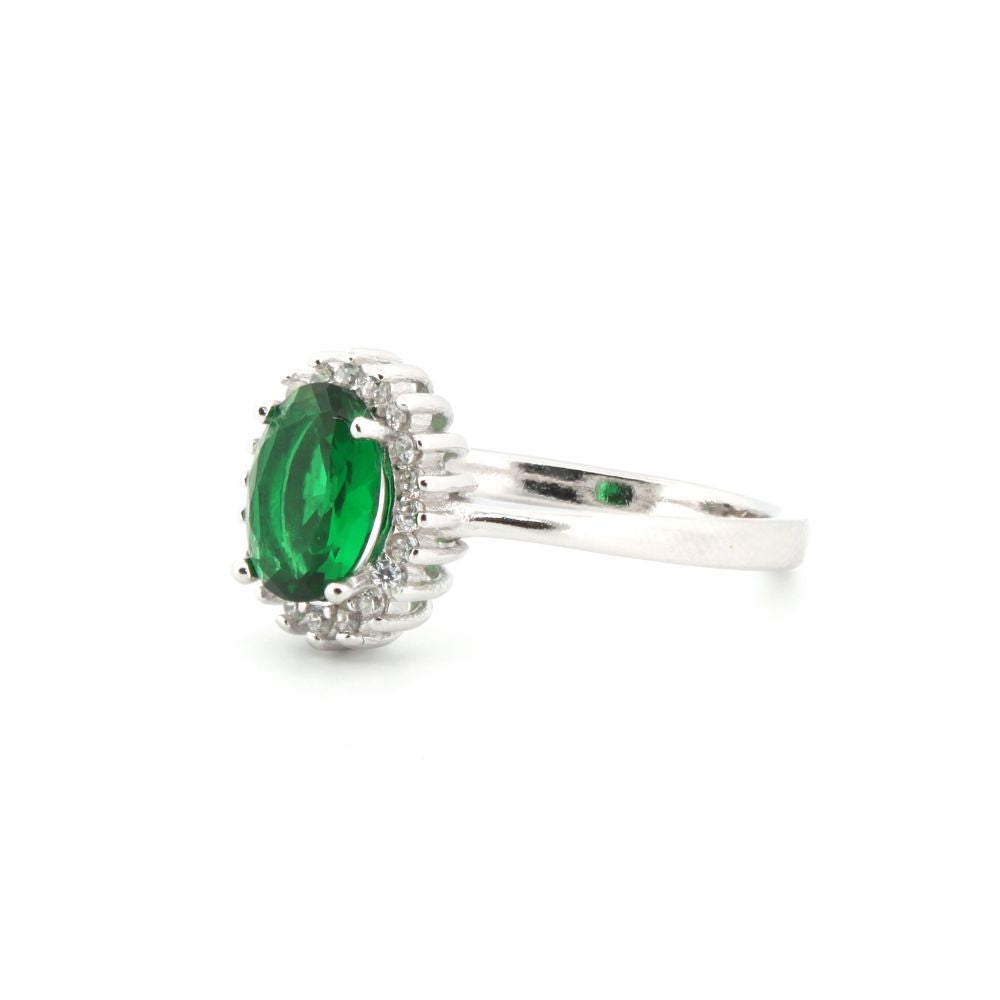 925 Silver Rhodium Cubic Zirconia Set Oval Cluster Emerald Green Centre