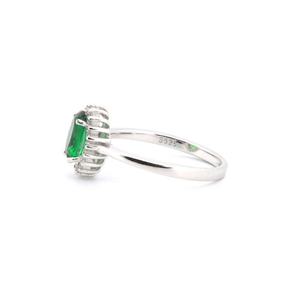 925 Silver Rhodium Cubic Zirconia Set Oval Cluster Emerald Green Centre