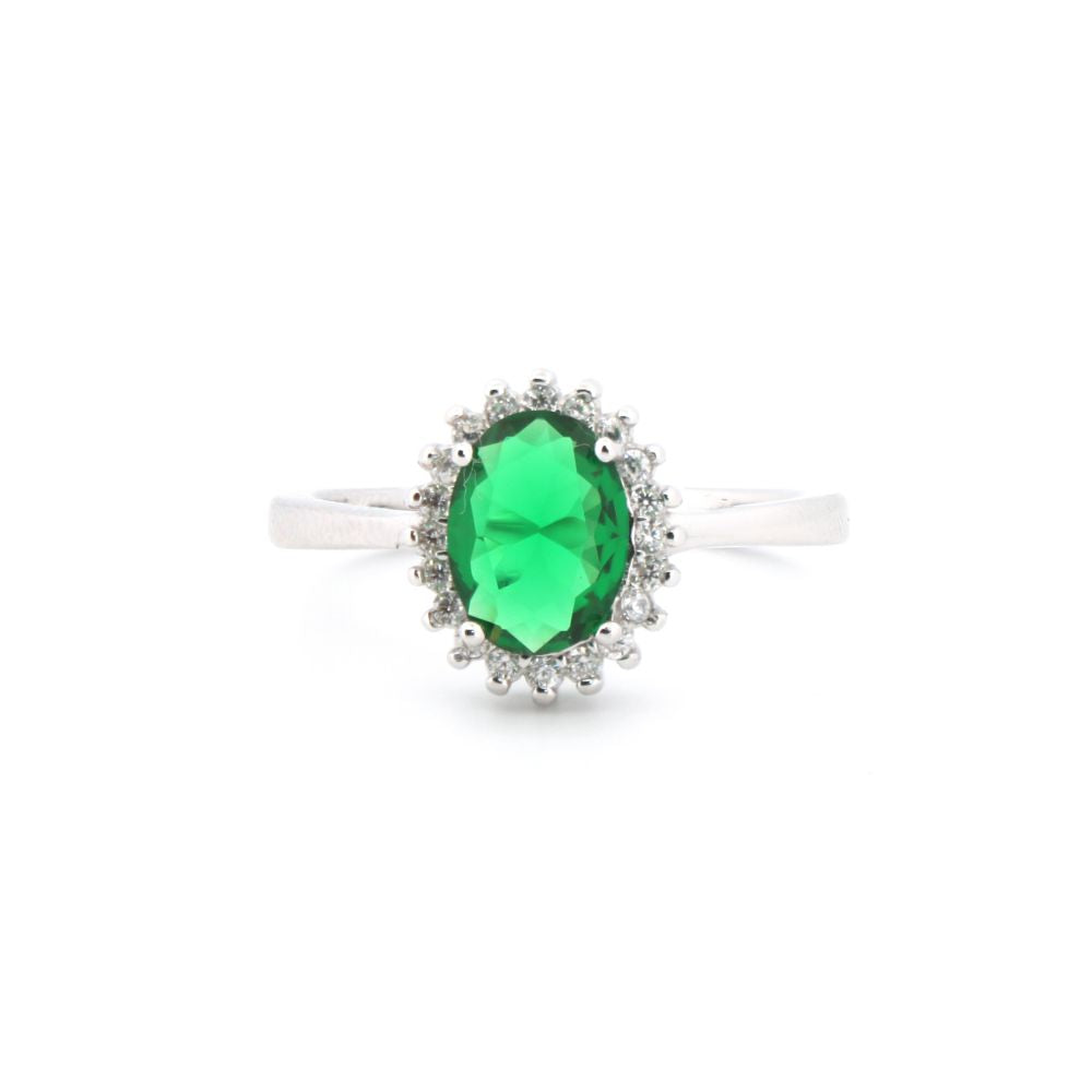 925 Silver Rhodium Cubic Zirconia Set Oval Cluster Emerald Green Centre