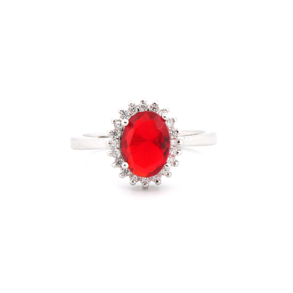 925 Silver Rhodium Cubic Zirconia Set Oval Cluster Ruby Red Centre