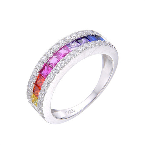925 Silver Rhodium Plated Multi Col Cubic Zirconia Half Eternity Ring