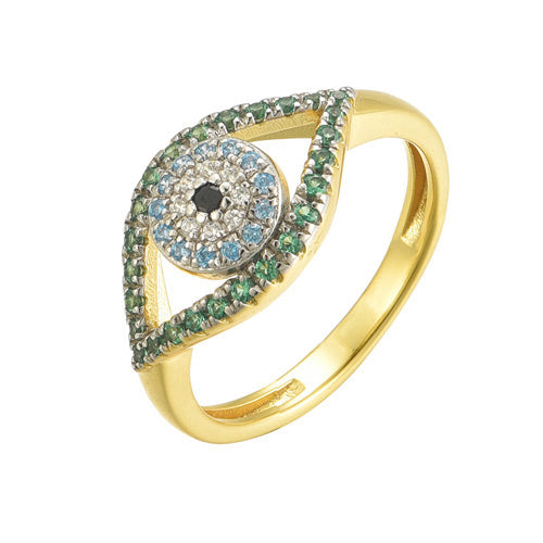 925 Siver 14ct Gold Plated Cubic Zirconia Set Evil Eye Ring