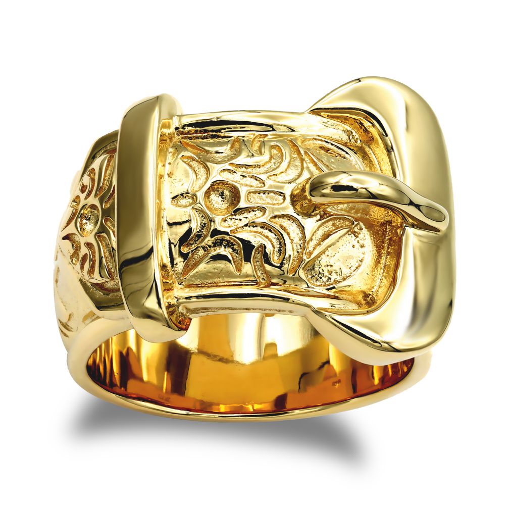 ARN203-GP | 925 Sterling Silver hand finished premium weight carved buckle design ring