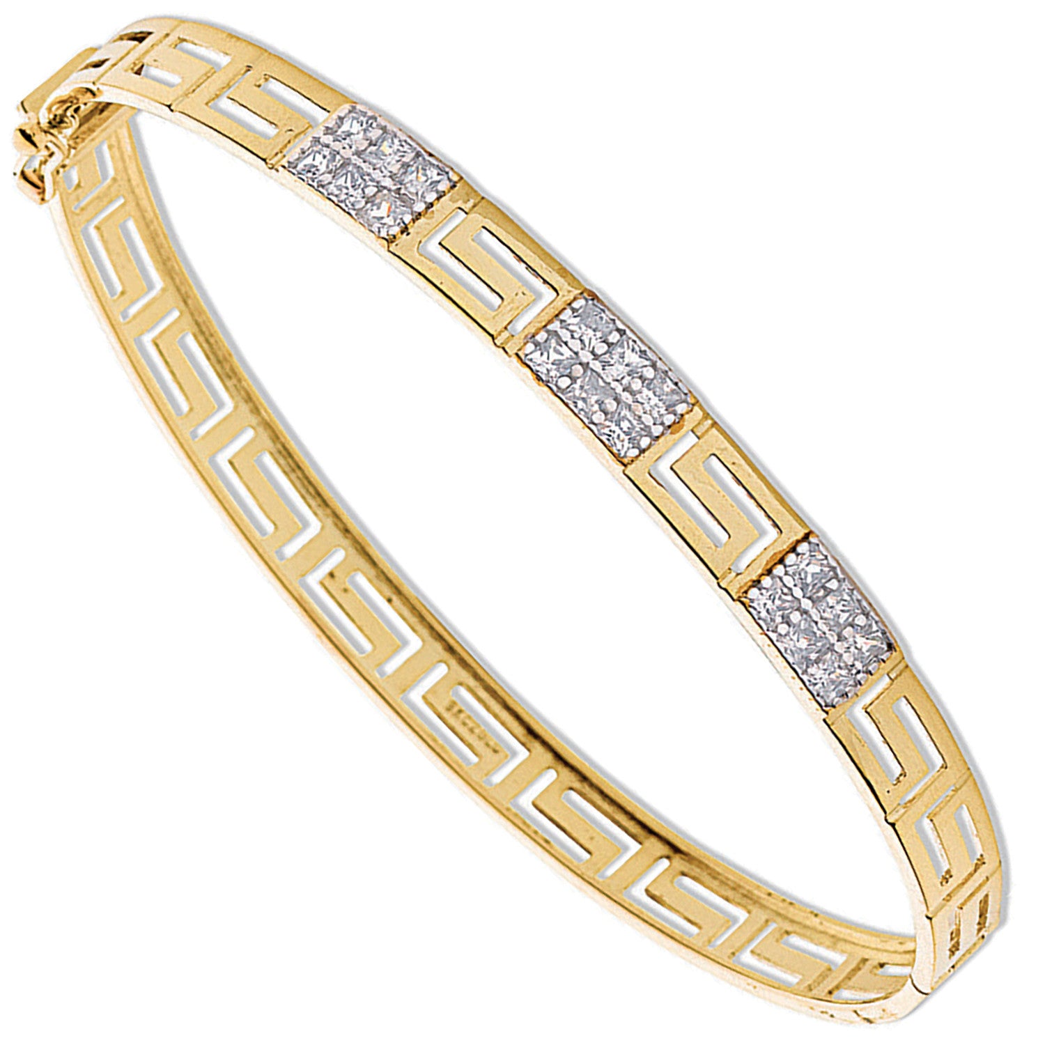 Yellow Gold Cubic Zirconia Greek Key Bangle - 9ct Gold