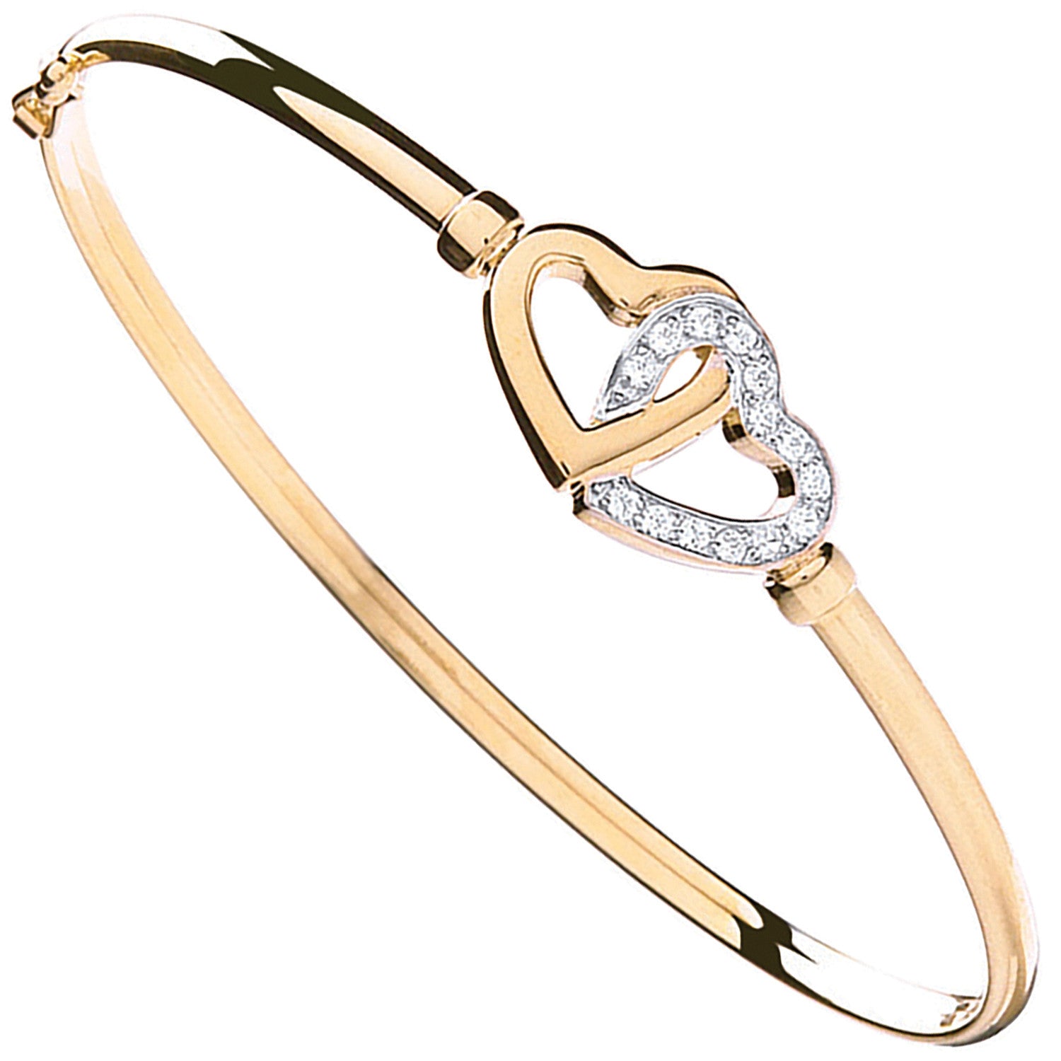 Yellow Gold Double Cubic Zirconia Heart Bangle - 9ct Gold