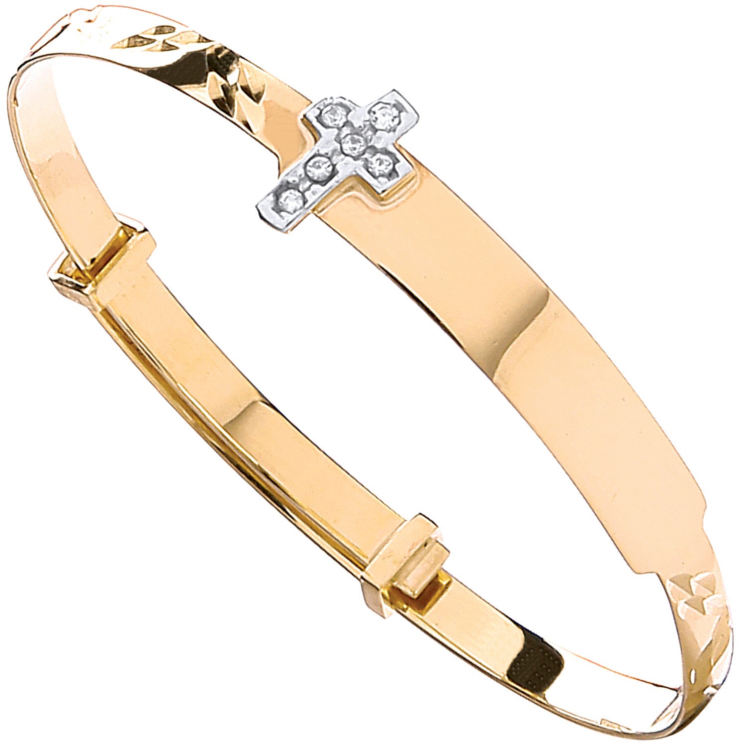 Yellow Gold D/C Expandable Baby Bangle Cubic Zirconia Cross - 9ct Gold