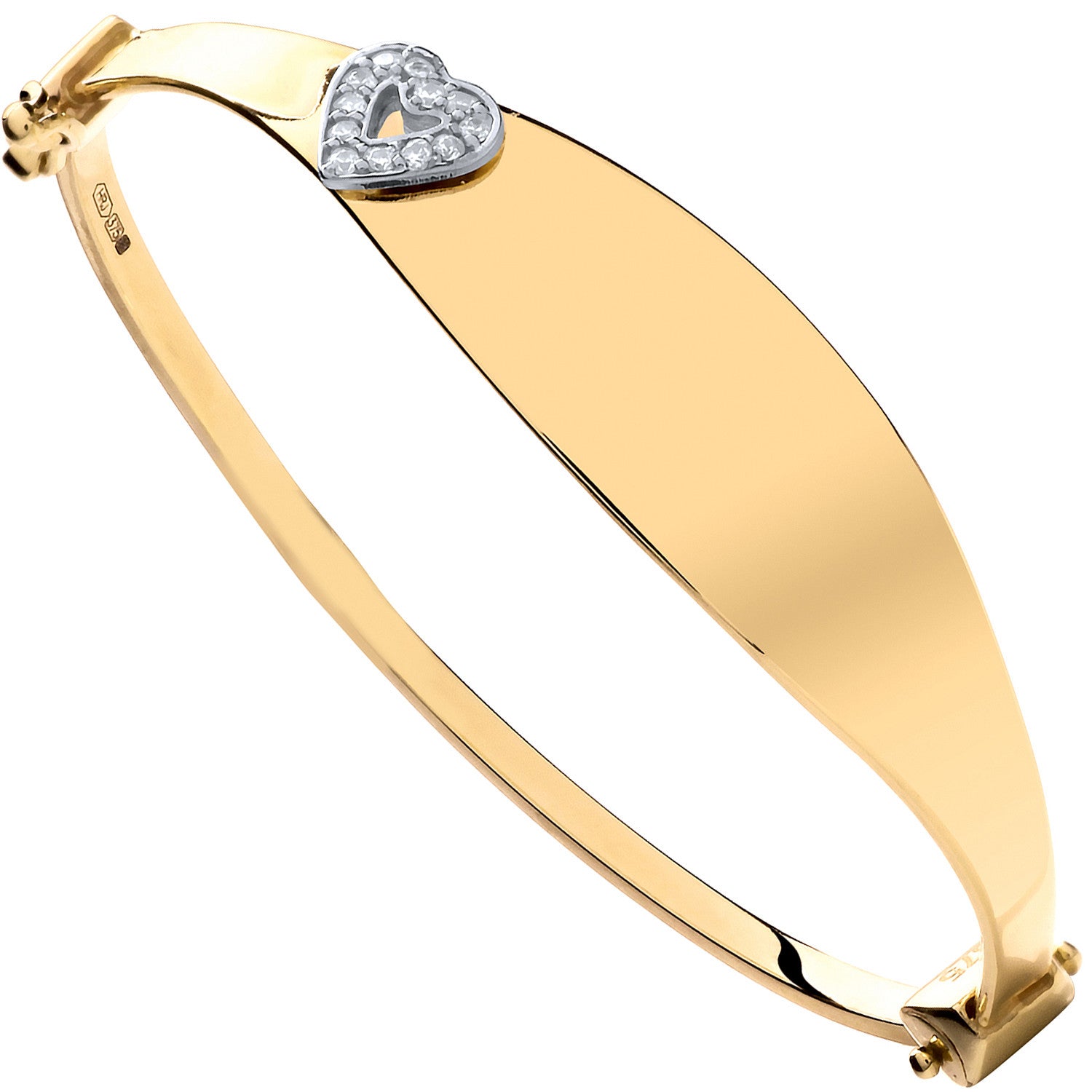 Yellow Gold Oval ID with Cubic Zirconia Heart Baby Bangle - 9ct Gold