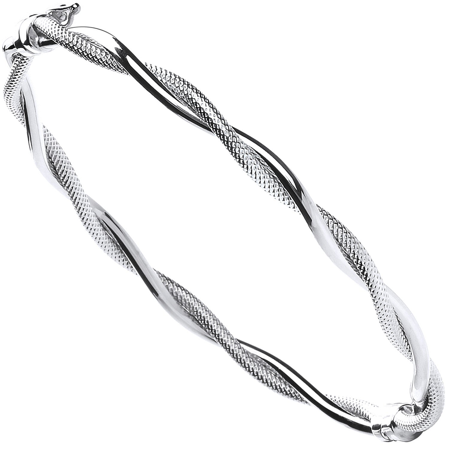 White Gold Ribbed & Plain Tubes Twisted Bangle - 9ct Gold