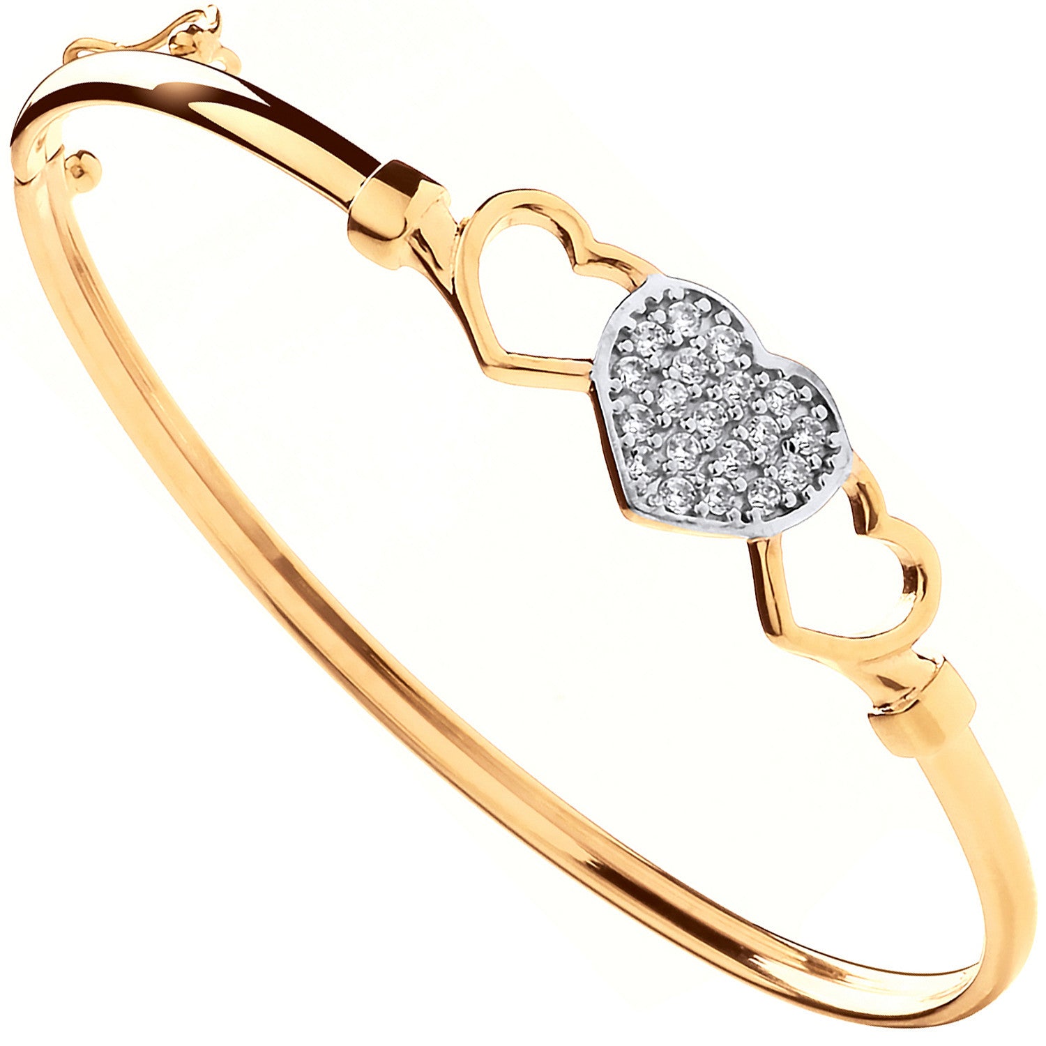 Yellow Gold Three Hearts, Cubic Zirconia Baby Bangle - 9ct Gold