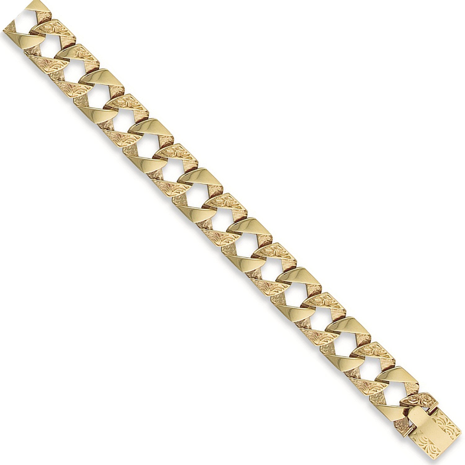 Yellow Gold 15mm Plain & Patterned Casted Curb Bracelet - 9ct Gold