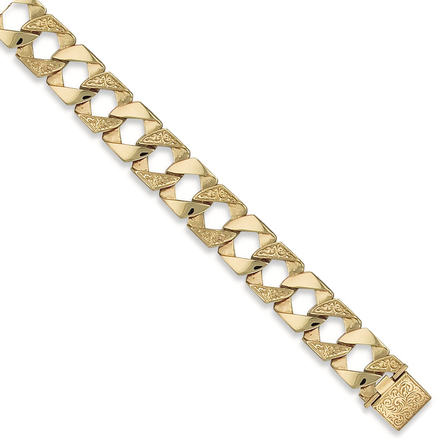 Yellow Gold 17mm Plain & Patterned Casted Curb Bracelet - 9ct Gold