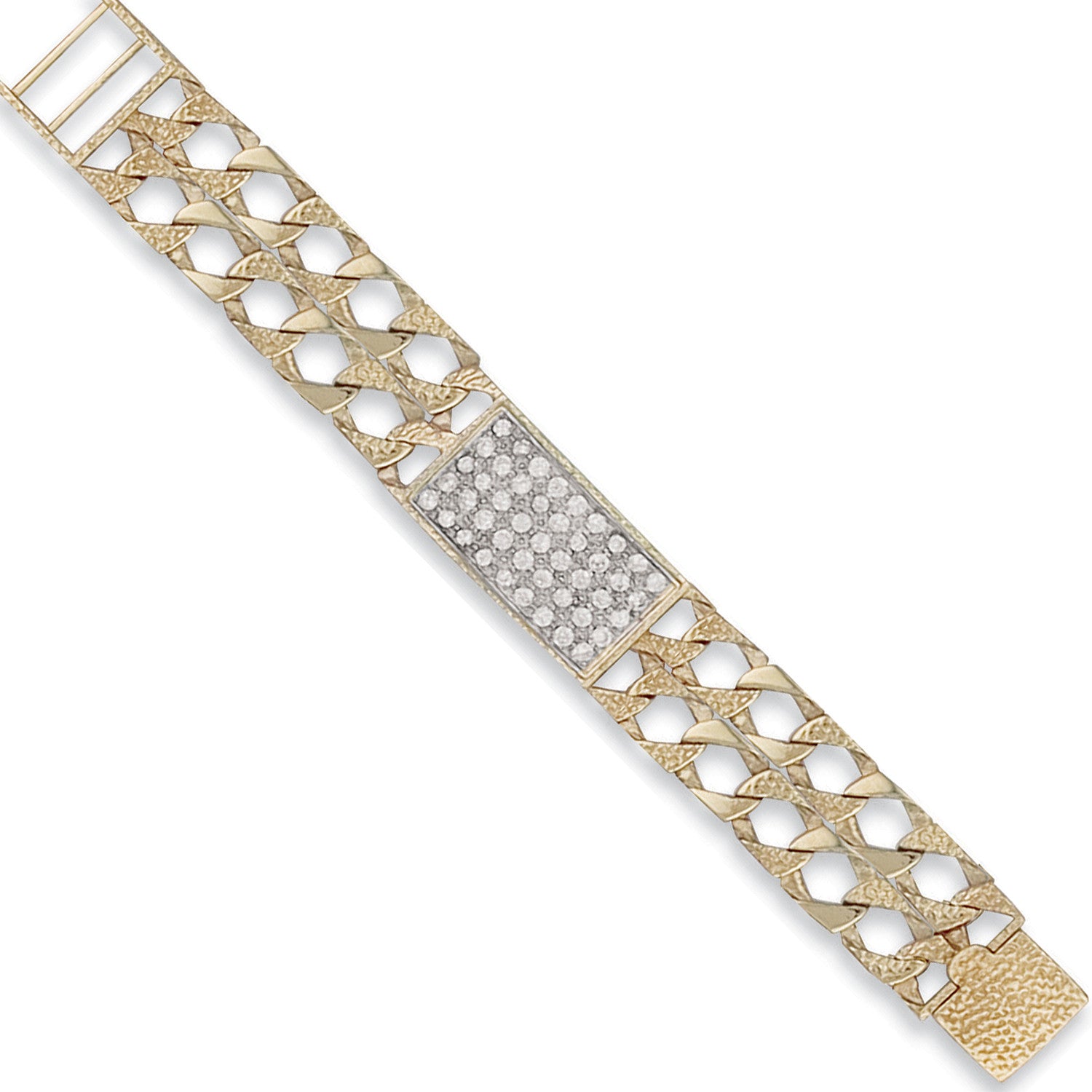 Yellow Gold Plain & Bark Casted Curb Baby Cubic Zirconia ID Bracelet - 9ct Gold