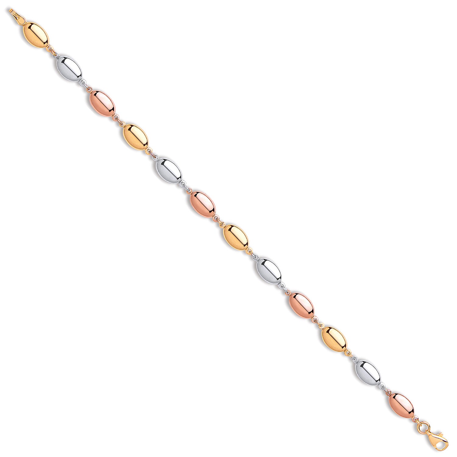 Yellow White & Rose Gold Oval Bead Ladies Bracelet - 9ct Gold
