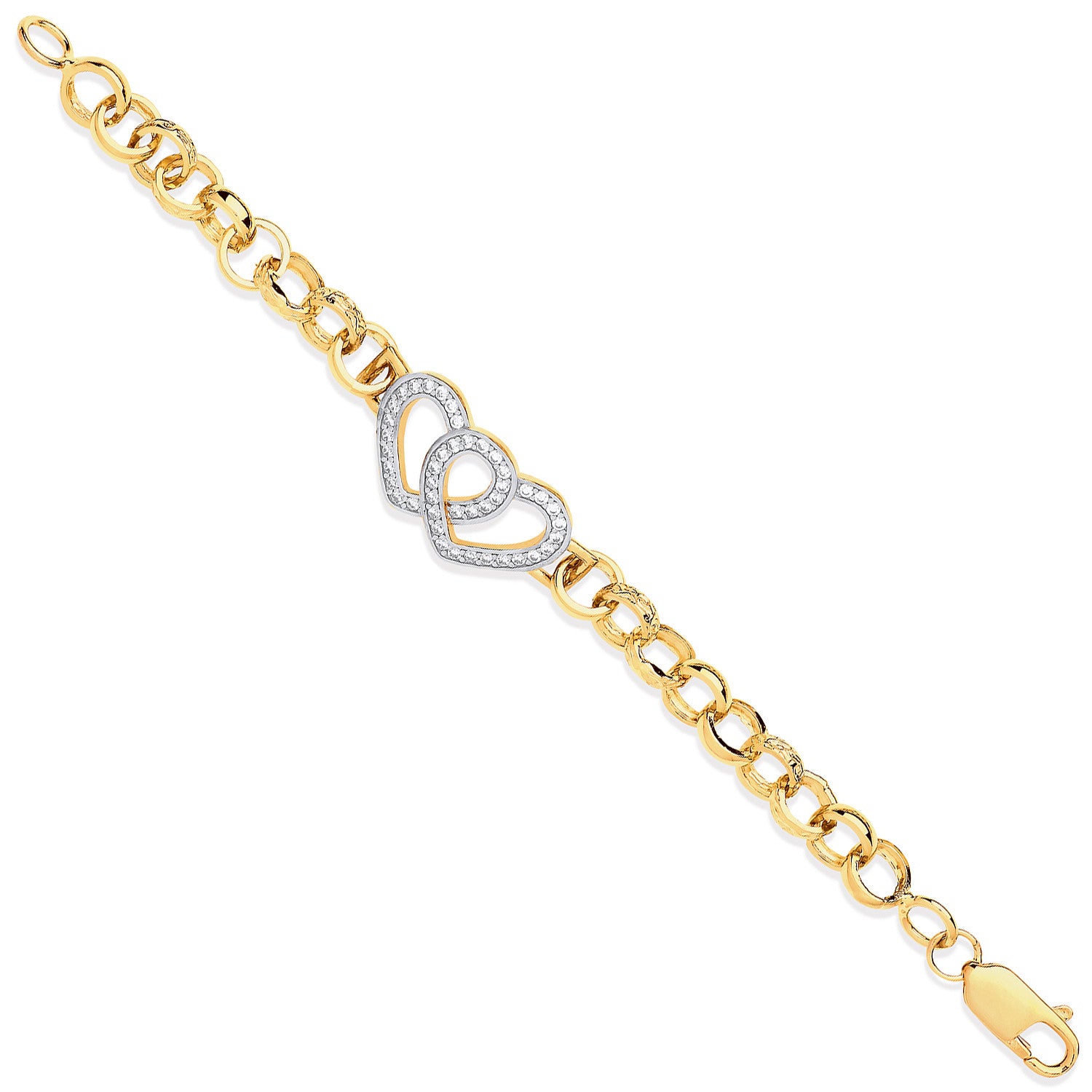 Yellow Gold Belcher Links Cubic Zirconia Hearts Baby Bracelet - 9ct Gold