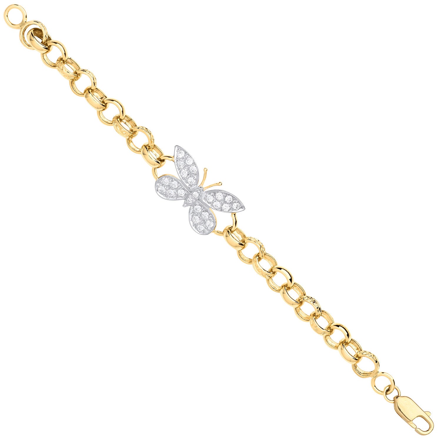Yellow Gold Cubic Zirconia Butterfly Charm Baby Belcher Bracelet - 9ct Gold