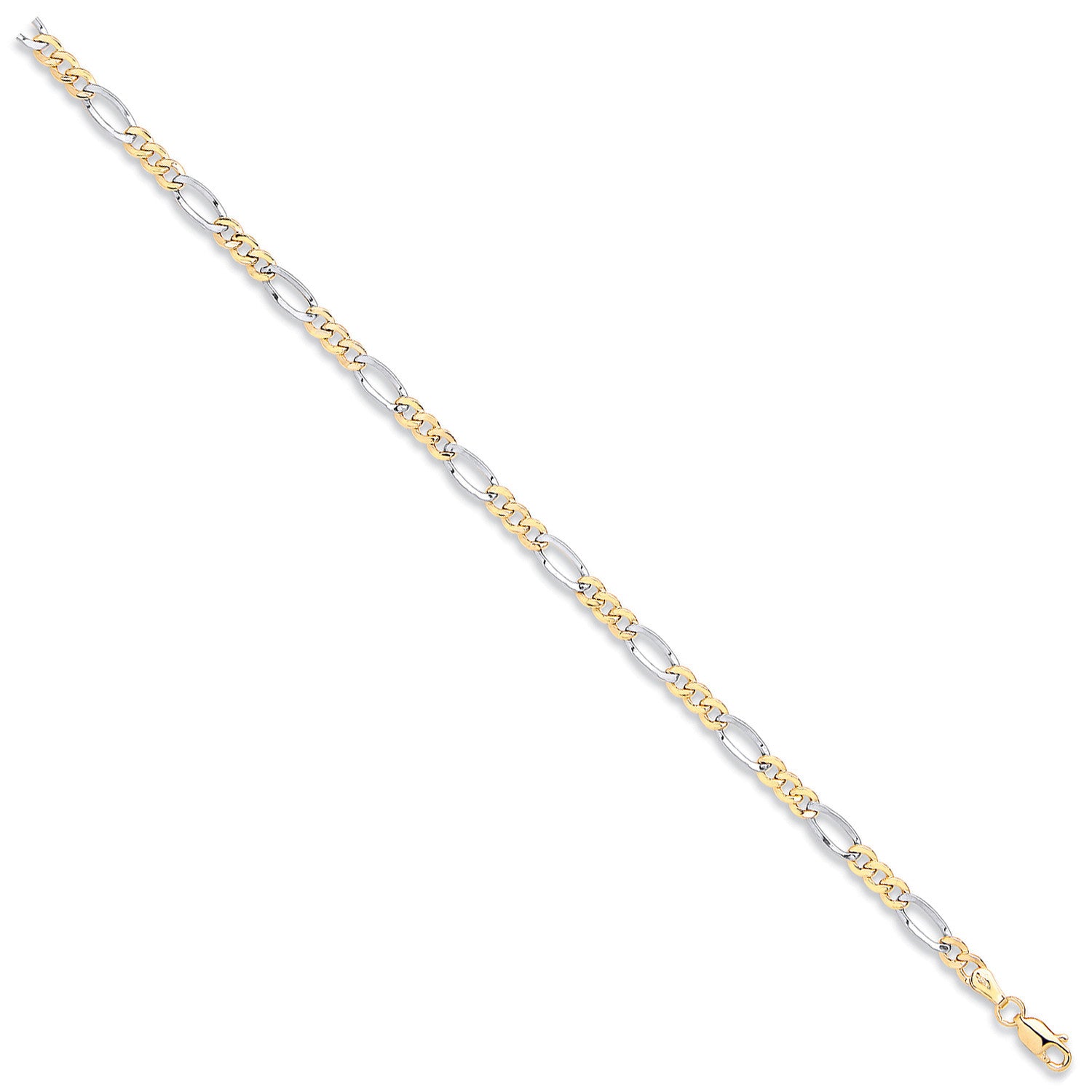Yellow & White Gold Rhodium Plated 4.0mm Hollow Figaro Chain/Bracelet - 9ct Gold
