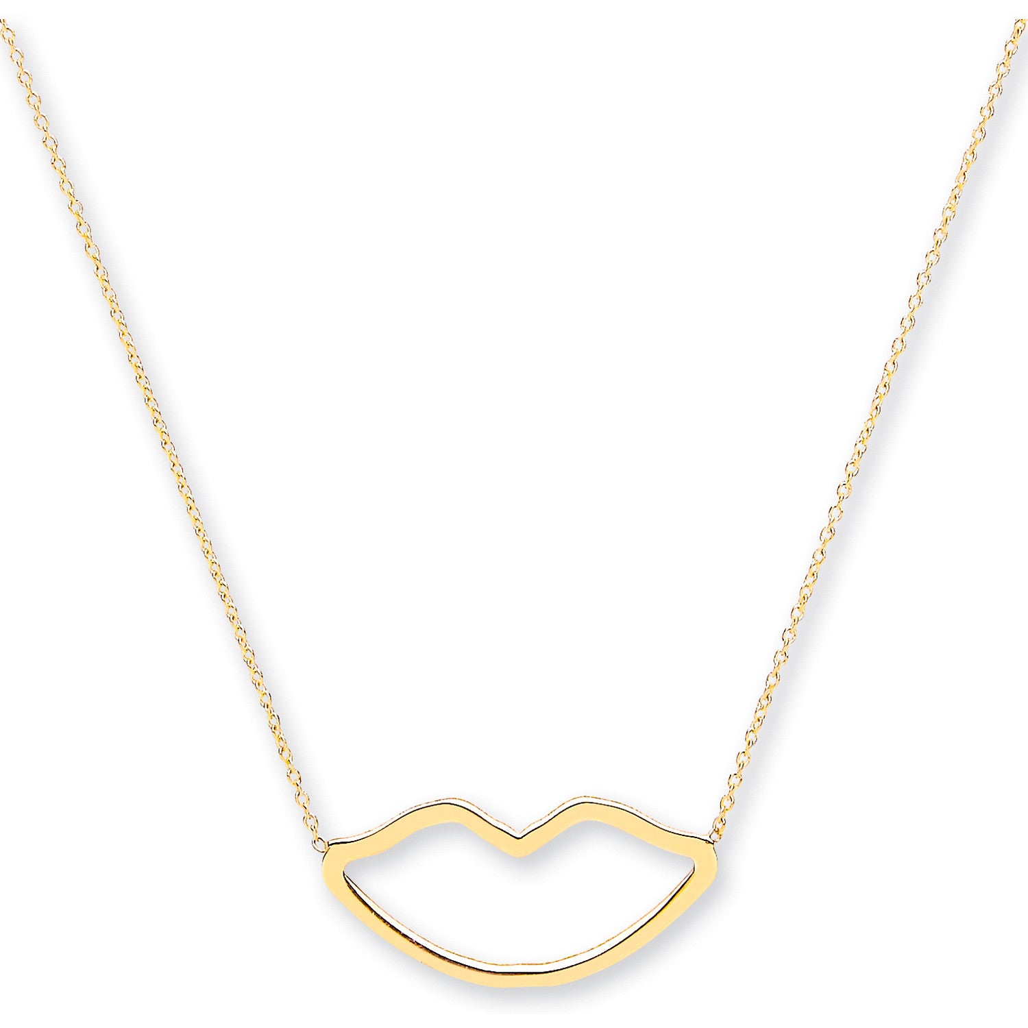 Yellow Gold Rolo Chain Lips Pendant, 16" Necklace - 9ct Gold