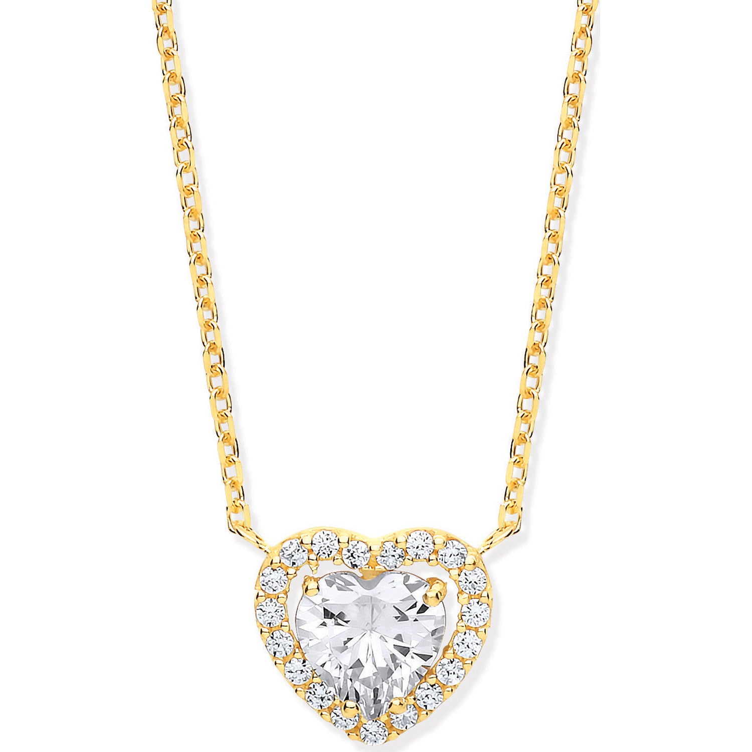 Yellow Gold Heart Halo Style Cubic Zirconias Pendant on 18" Chain