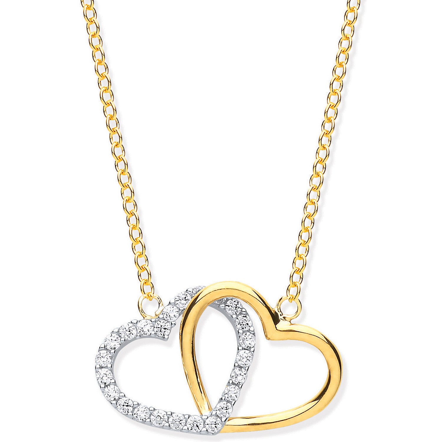 Yellow & White Gold Plain and Cubic Zirconia Joined Hearts Pendant on 18" Chain - 9ct Gold