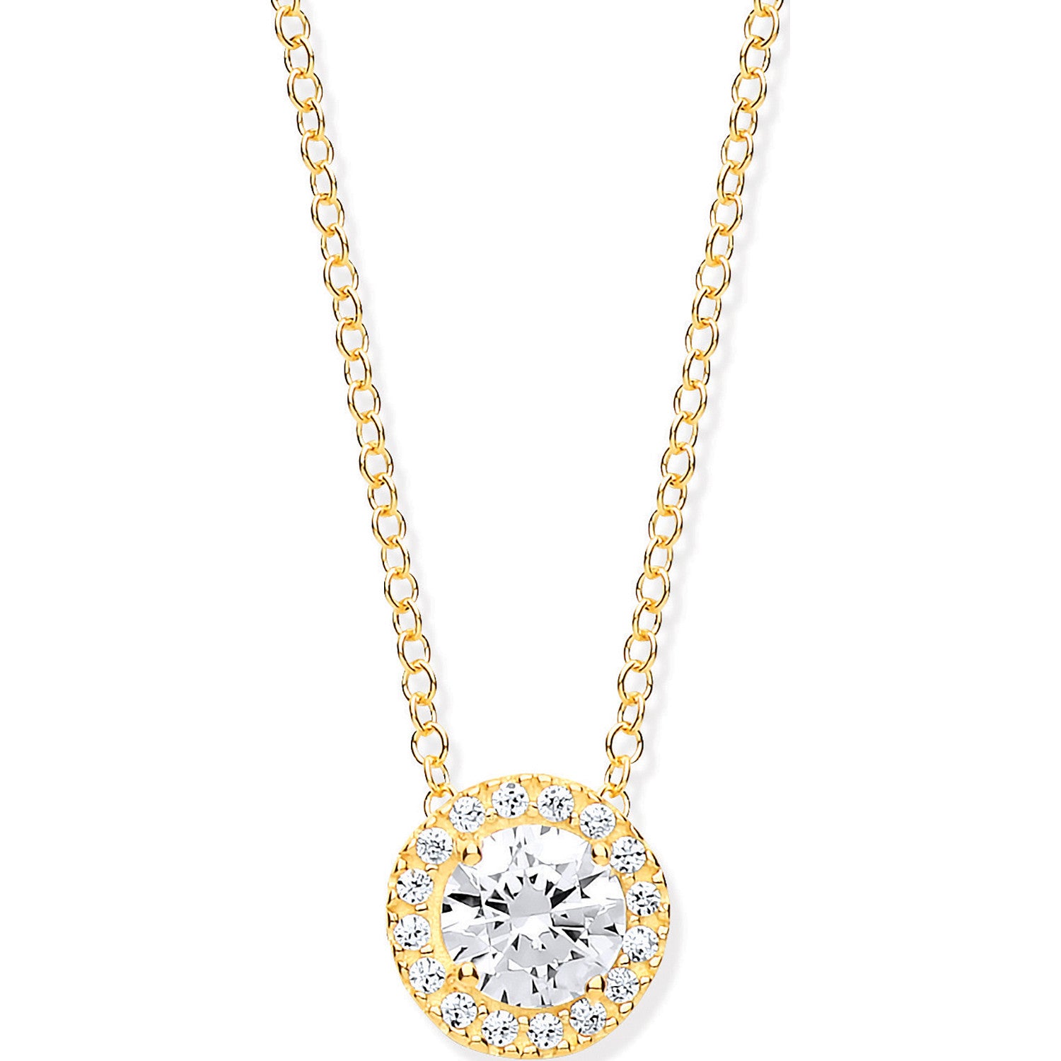 Yellow Gold Round Cubic Zirconia Halo Pendant on 18" Chain
