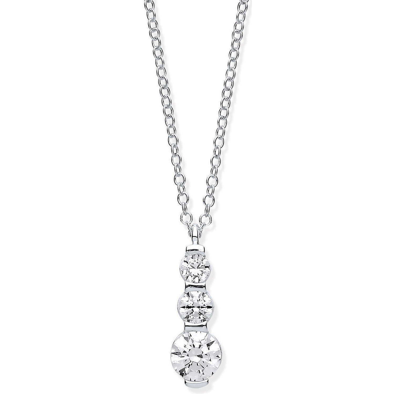 White Gold Graduated Cubic Zirconias Drop Pendant on 18" Chain