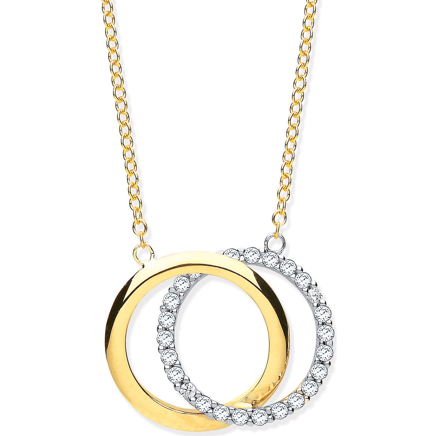 Yellow & White Gold Plain & Cubic Zirconias Circles Pendant on 18" Chain - 9ct Gold