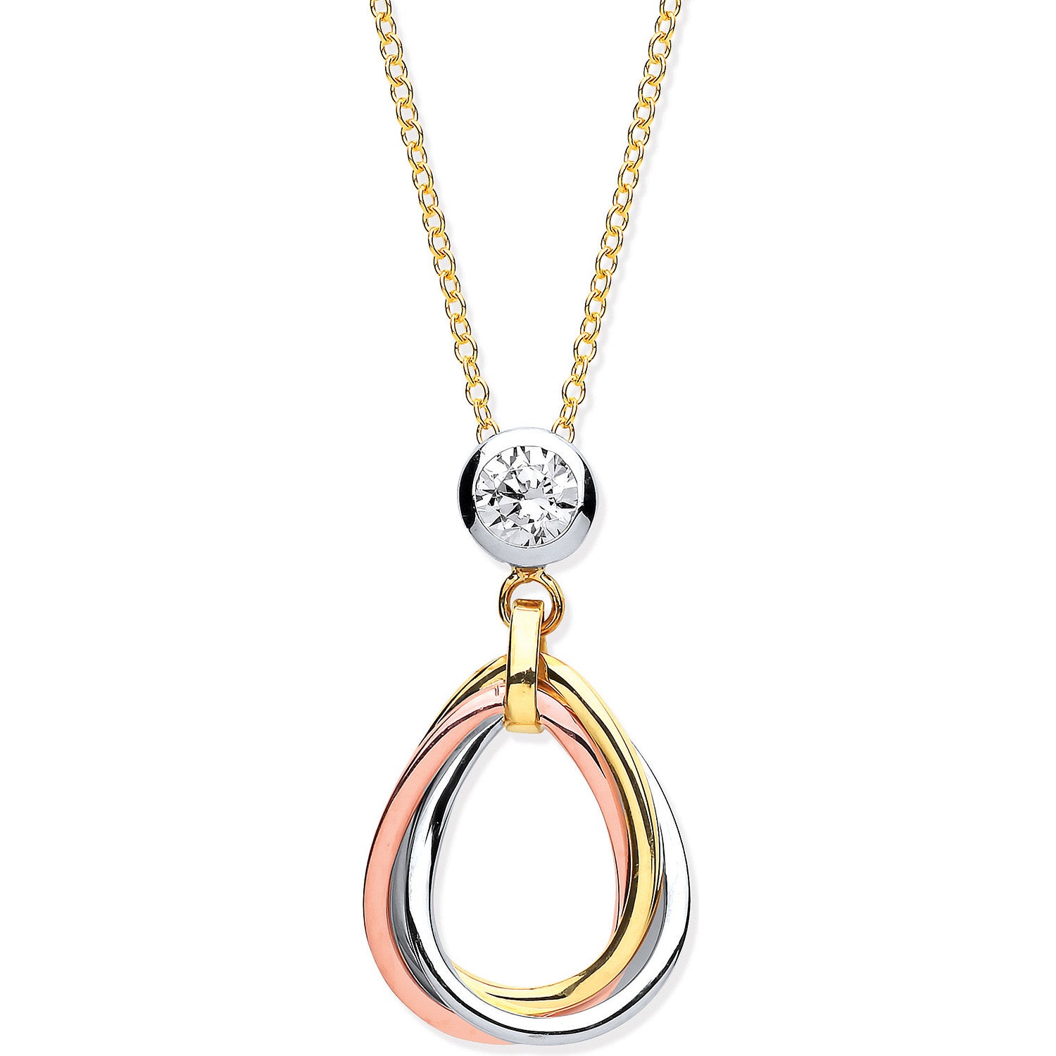 Yellow, White & Rose Gold Teardrop Tubes Pendant on 18" Chain - 9ct Gold