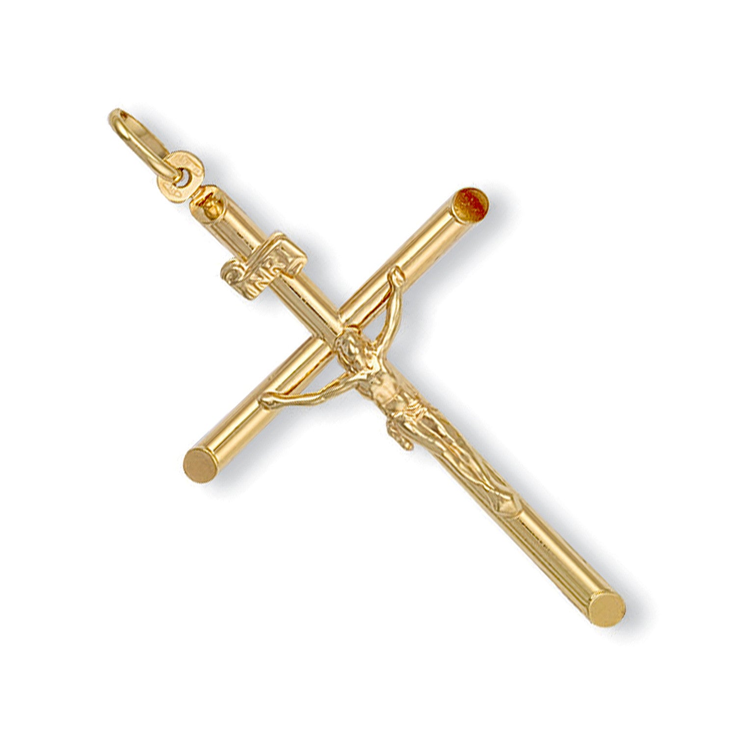 Yellow Gold Round Tube Large Crucifix - 9ct Gold