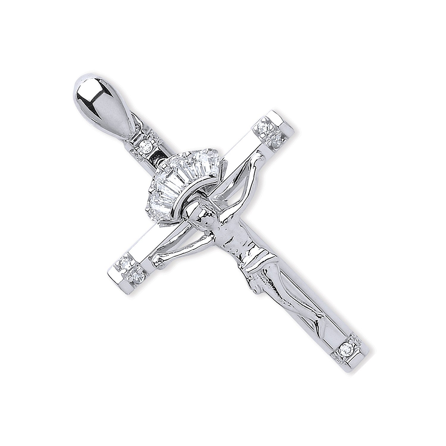 White Gold Cubic Zirconia Baguettes & Round Crucifix - 9ct Gold