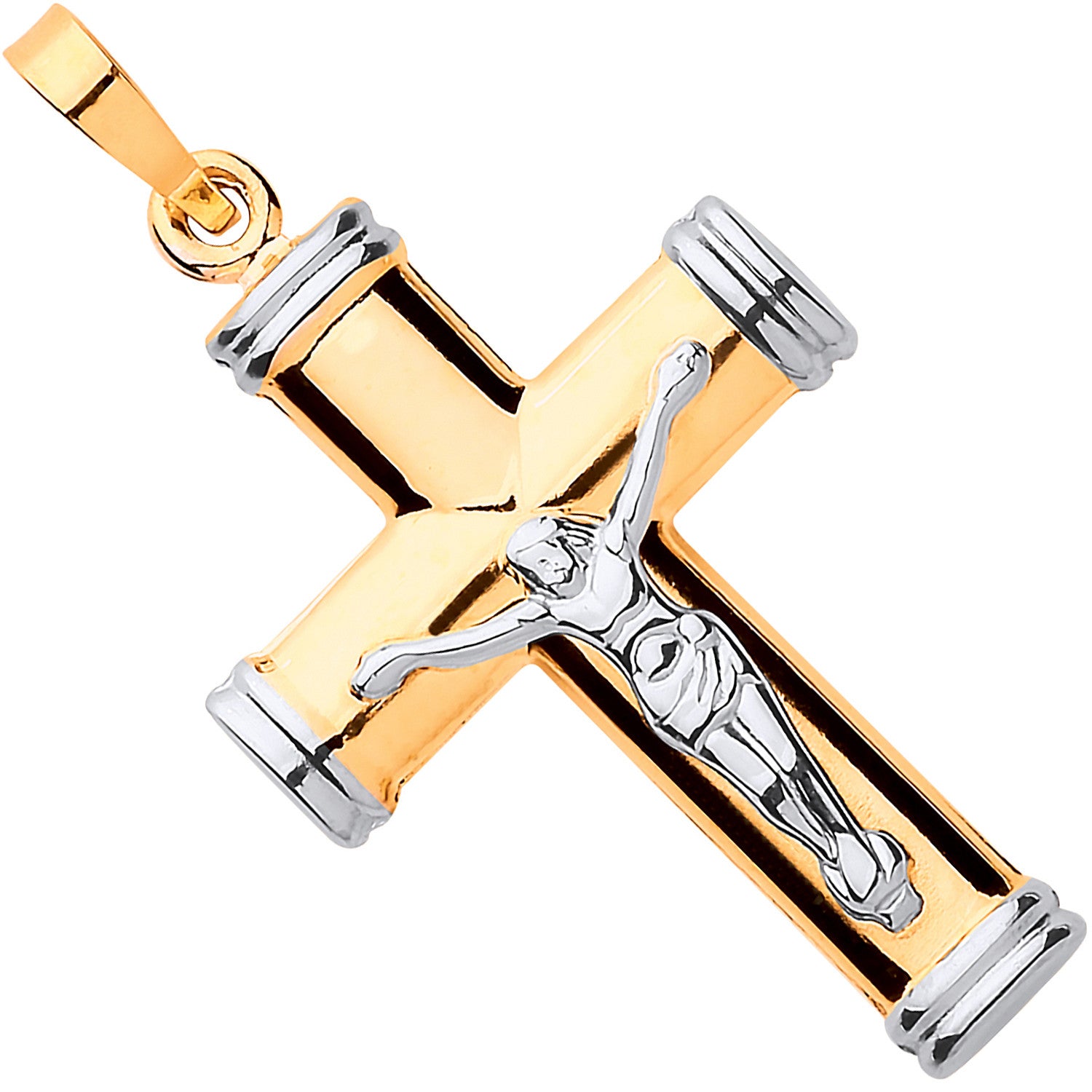 Yellow & White Gold Hollow Tube Crucifix - 9ct Gold
