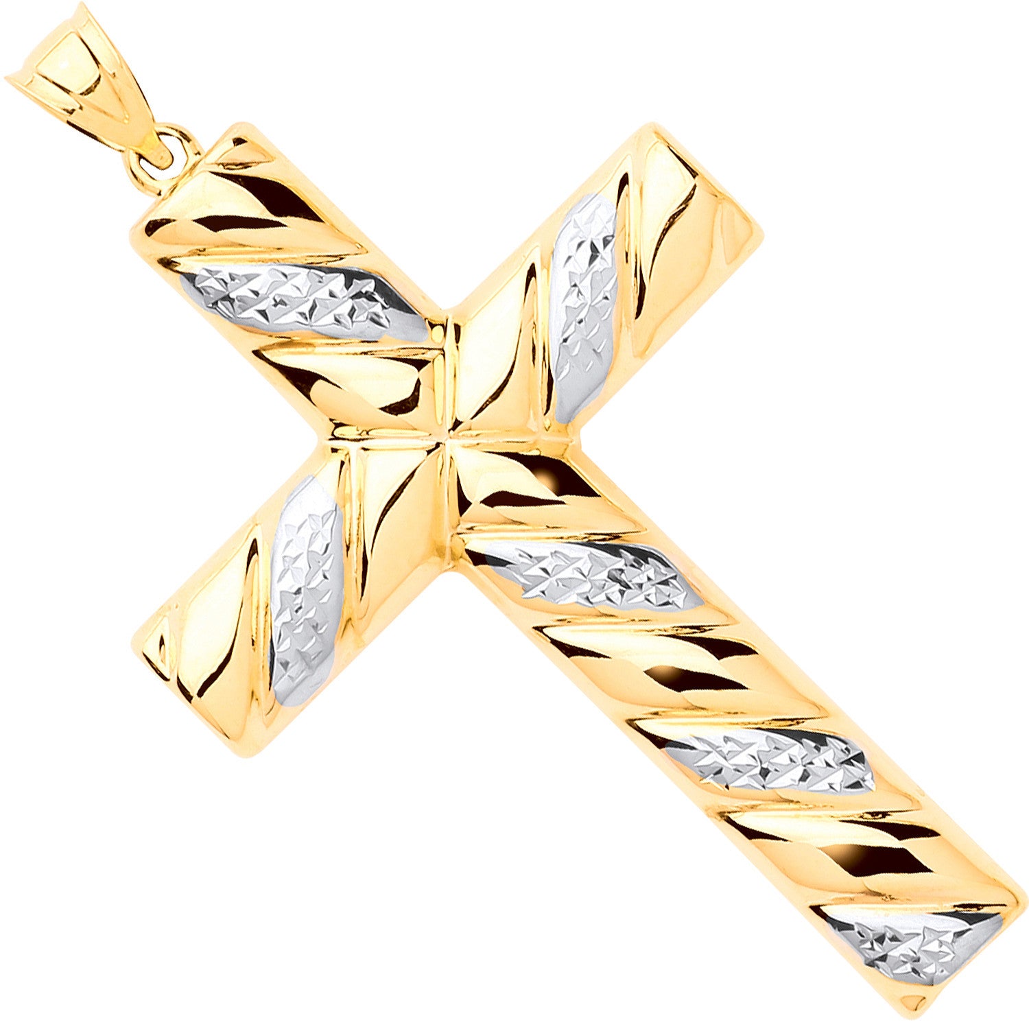 Yellow & White Gold Large Hollow Tube Ribbed Cross - 9ct Gold