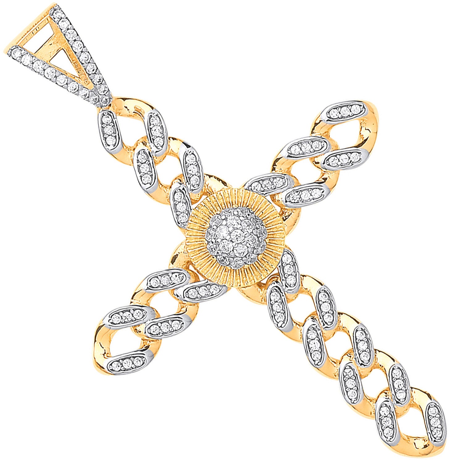 Yellow & White Gold Large Round Charm Cubic Zirconia Curb Link Cross - 9ct Gold