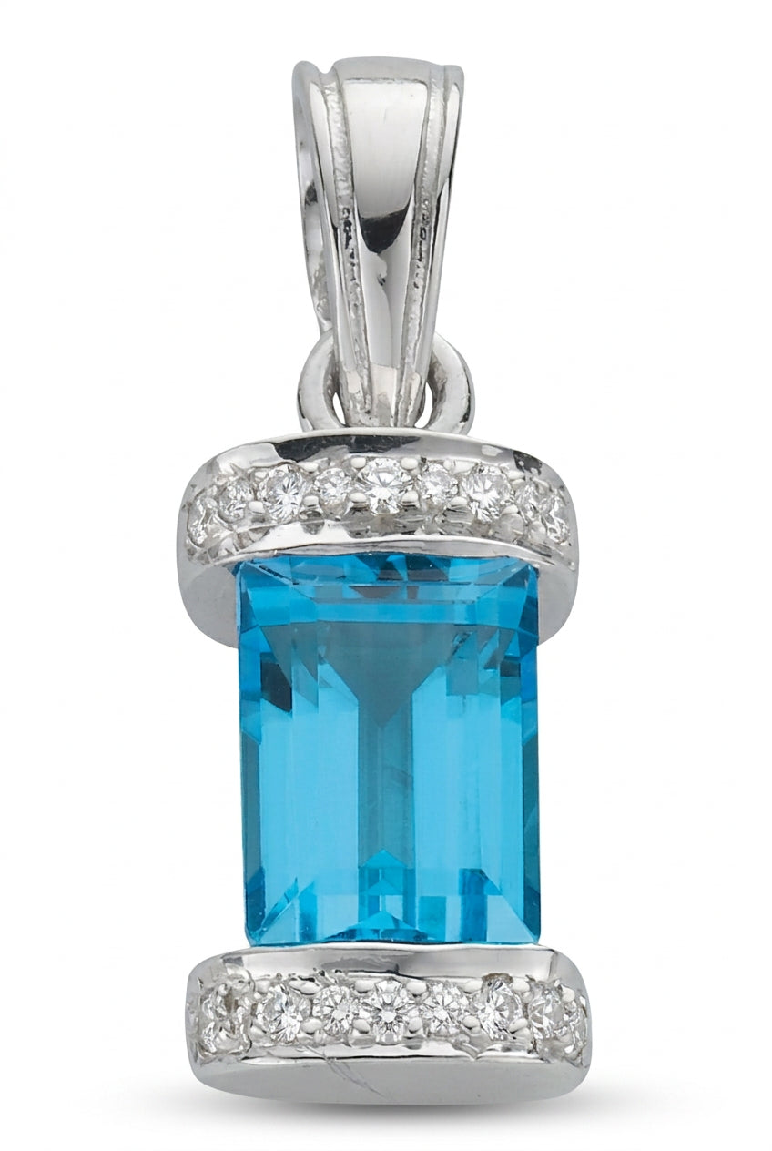 9ct White Gold Diamond & Blue Topaz Pendant