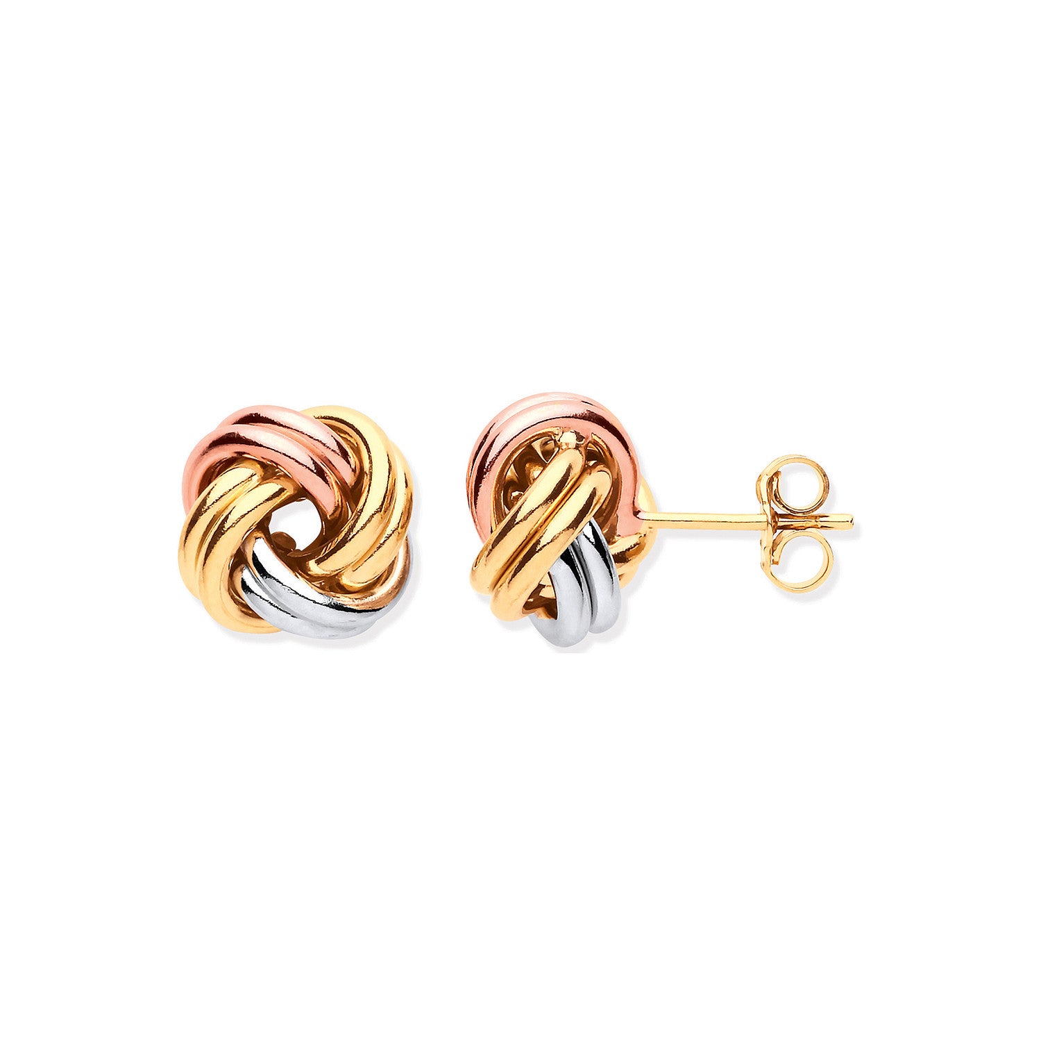 White Yellow & Rose Gold 11mm Knot Studs - 9ct Gold