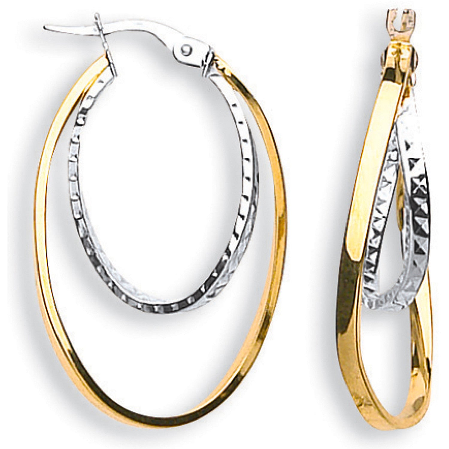 Yellow & White Gold Double Oval Hoop Earrings - 9ct Gold