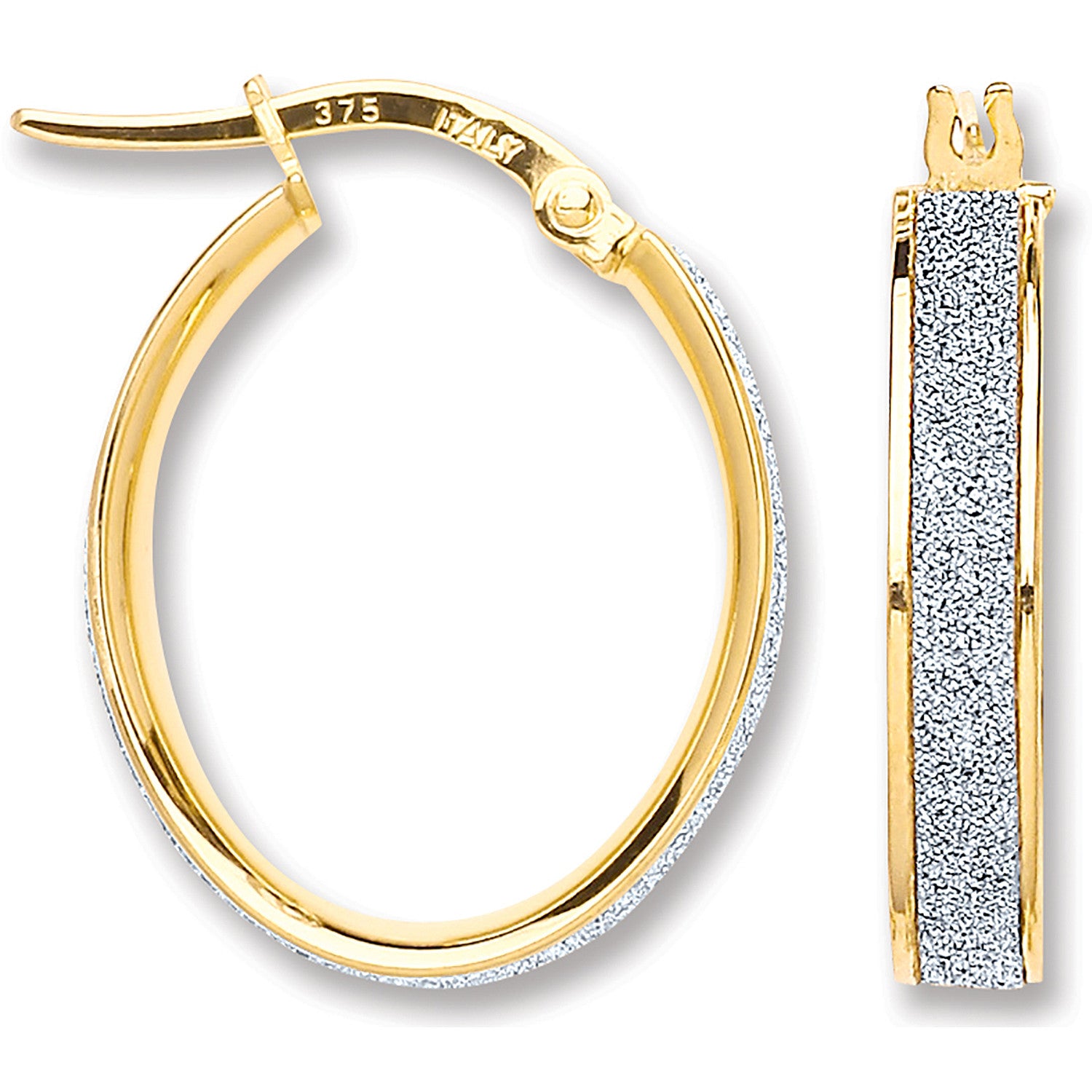 Yellow Gold Glitter Oval Hoop Earrings - 9ct Gold