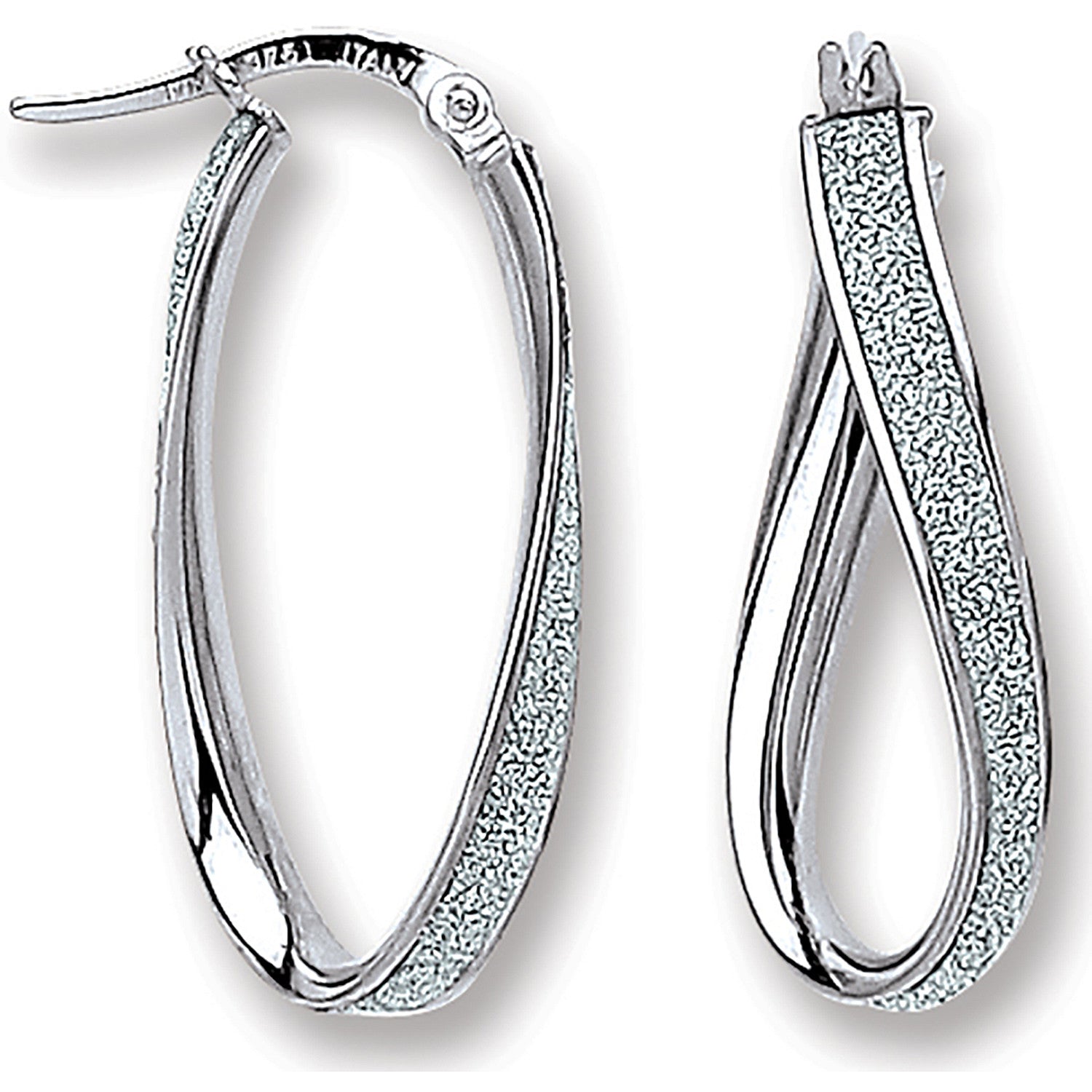 White Gold Glitter Oval Twist Hoop Earrings - 9ct Gold