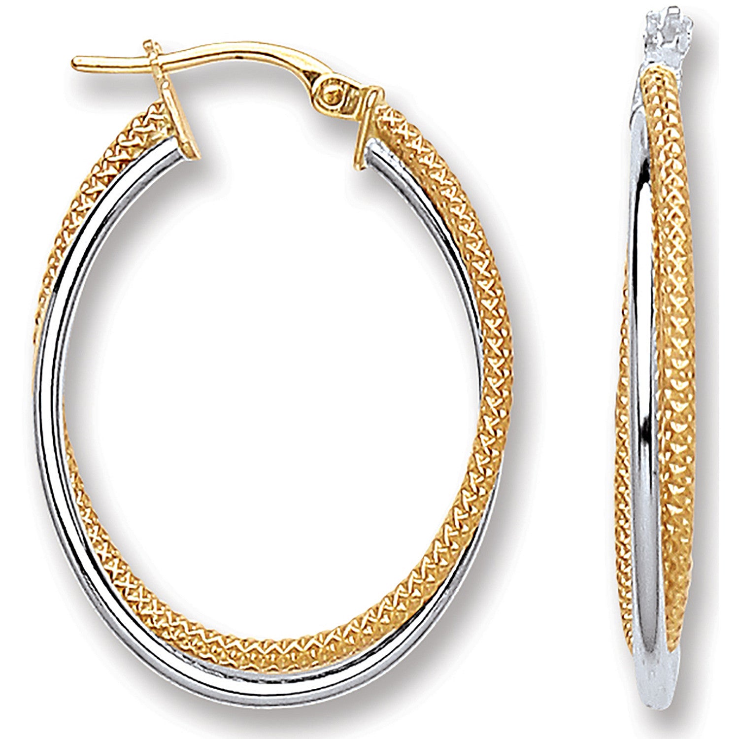 White & Yellow Gold Oval Double Hoop Earrings - 9ct Gold