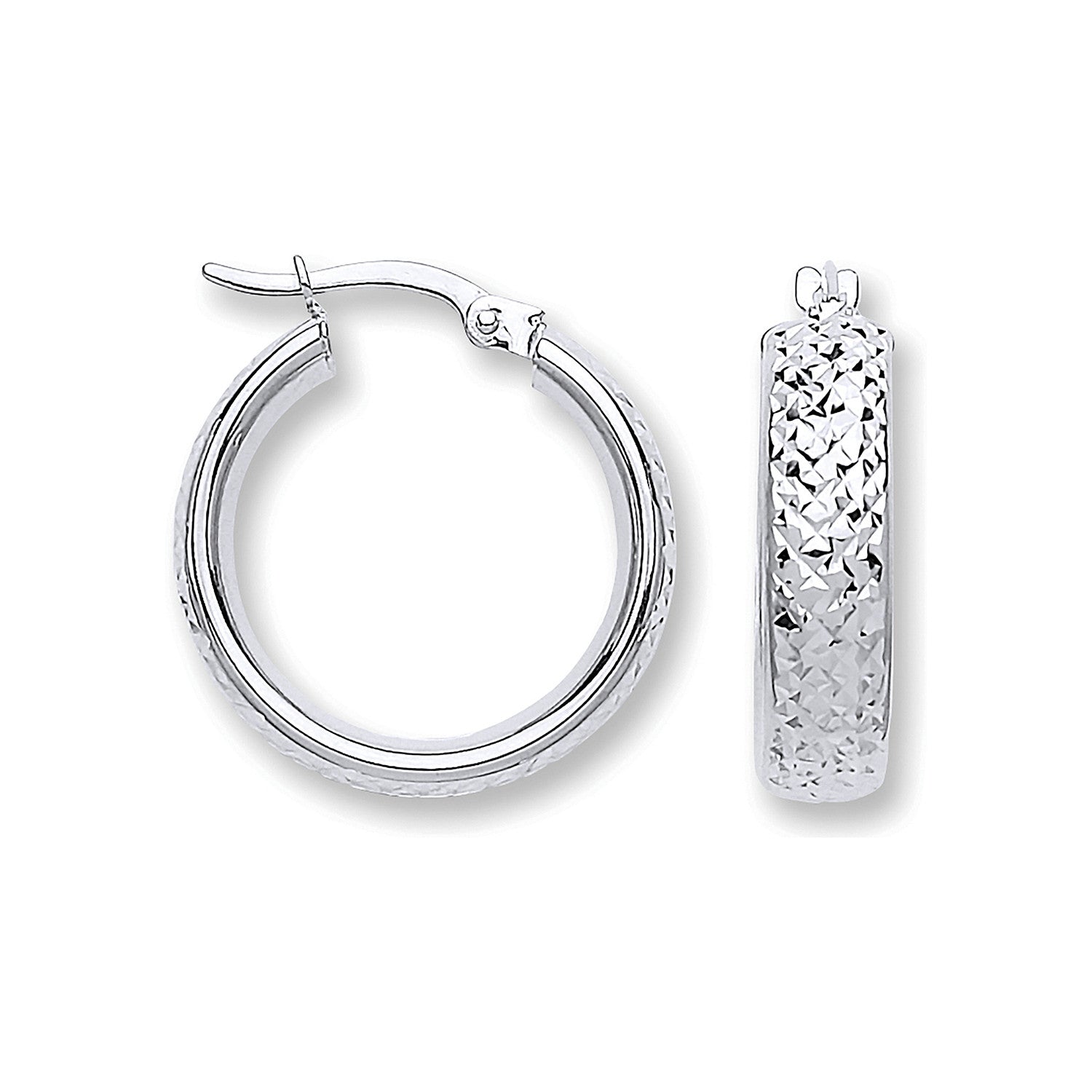White Gold 20mm Tyre Tread Design D Shape Earrings - 9ct Gold