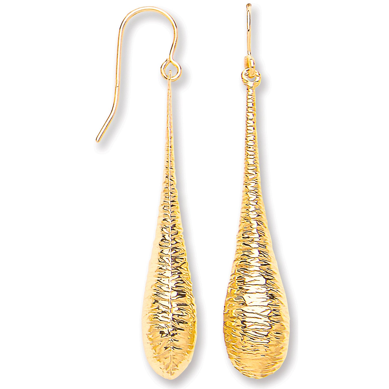 Yellow Gold Imprint Drop Hook Earrings - 9ct Gold