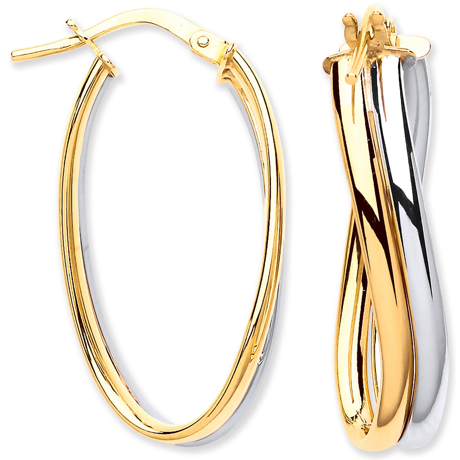 White & Yellow Gold Wavy Flat HollowTube Earrings - 9ct Gold