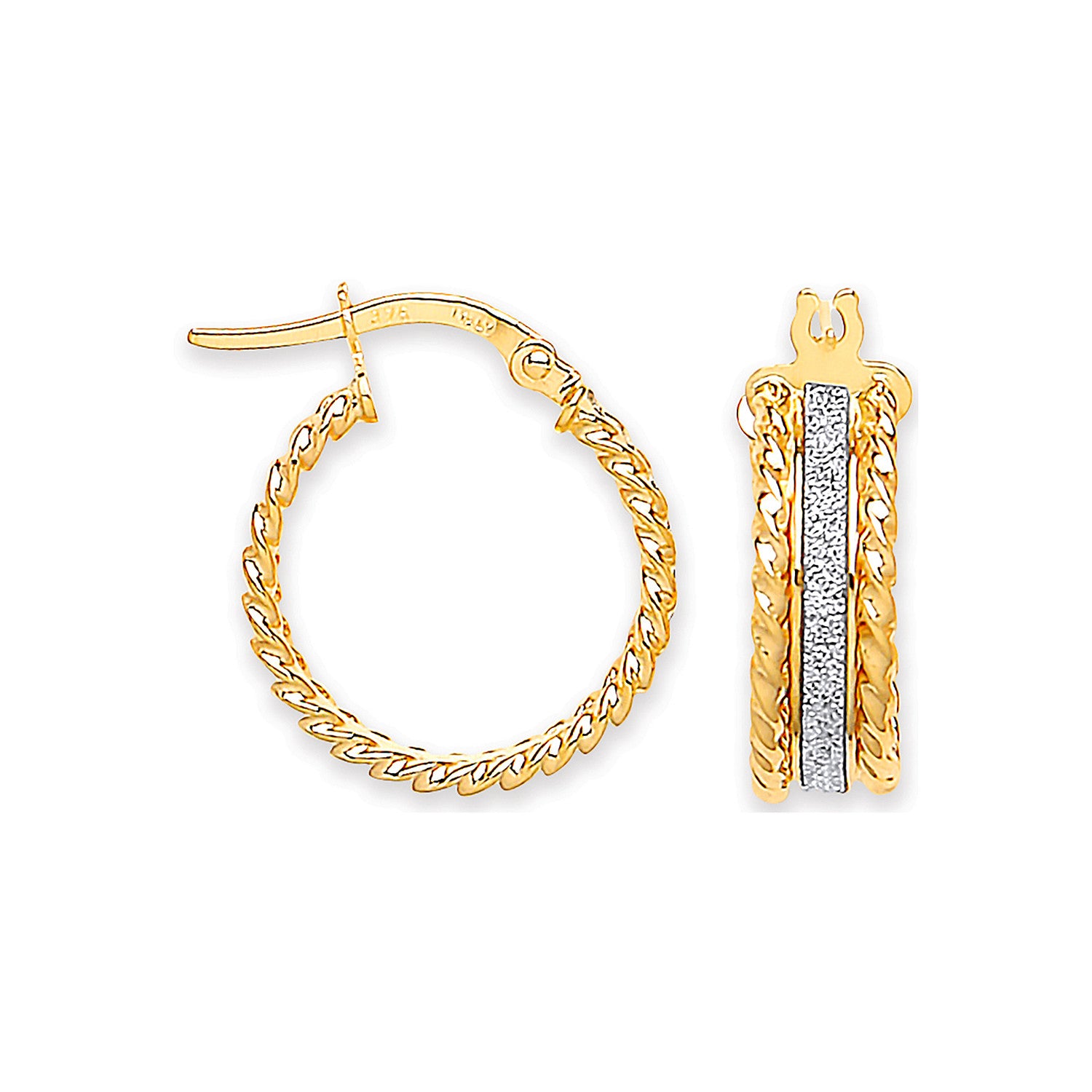 Yellow Gold 17mm Glitter Ribbed Edge Earrings - 9ct Gold