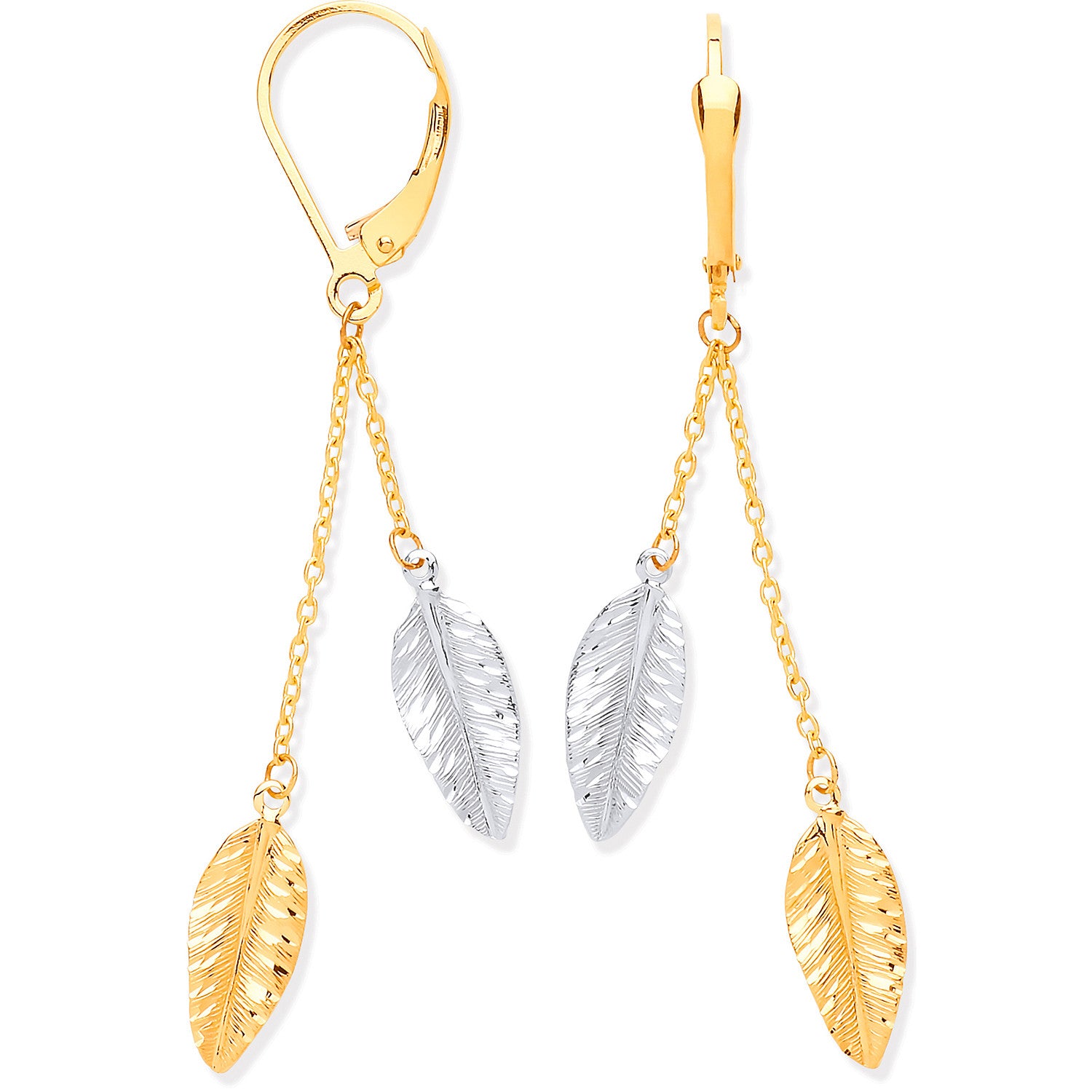 Yellow & White Gold Leaf Drop Earrings - 9ct Gold