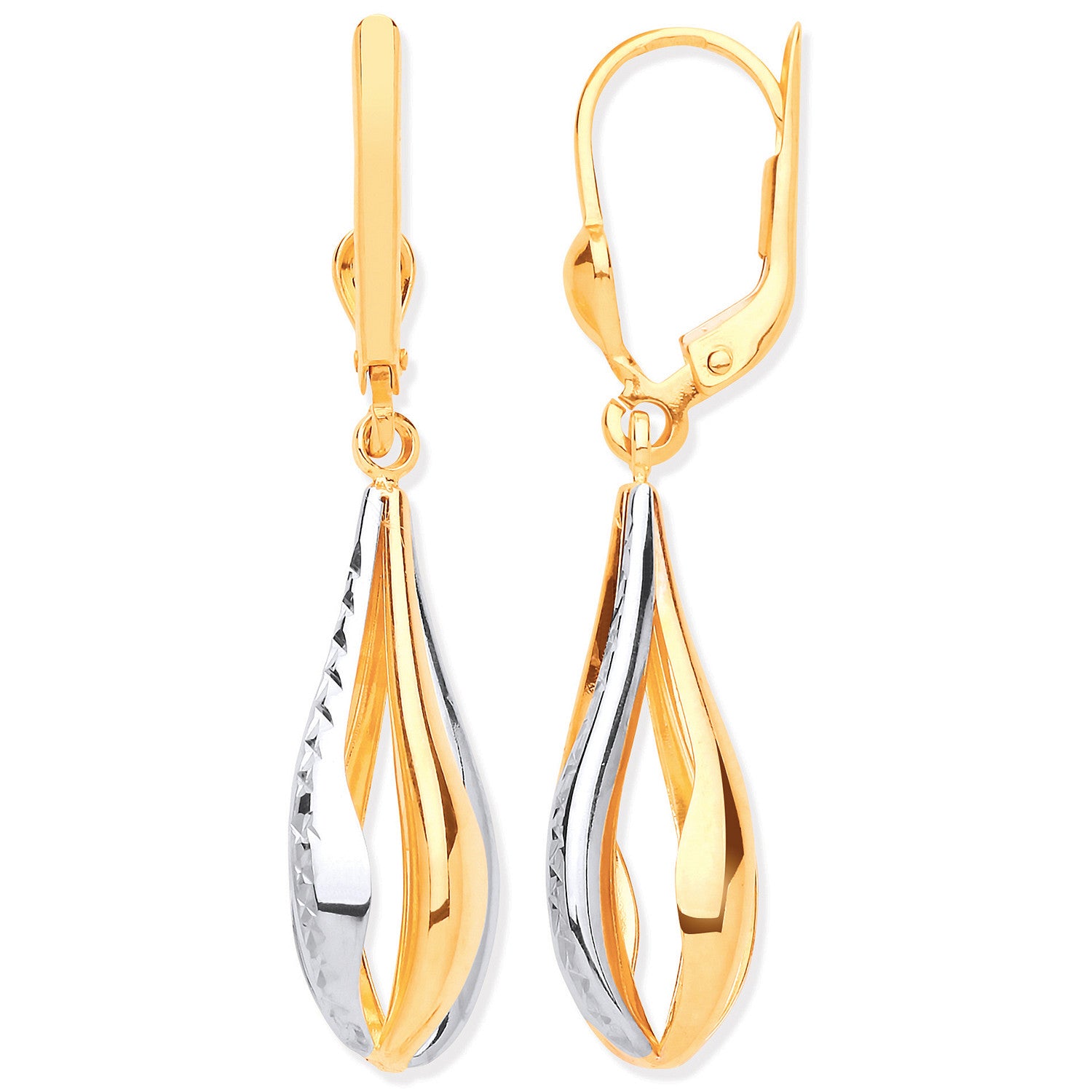 Yellow & White Gold Teardrop Style Earrings - 9ct Gold
