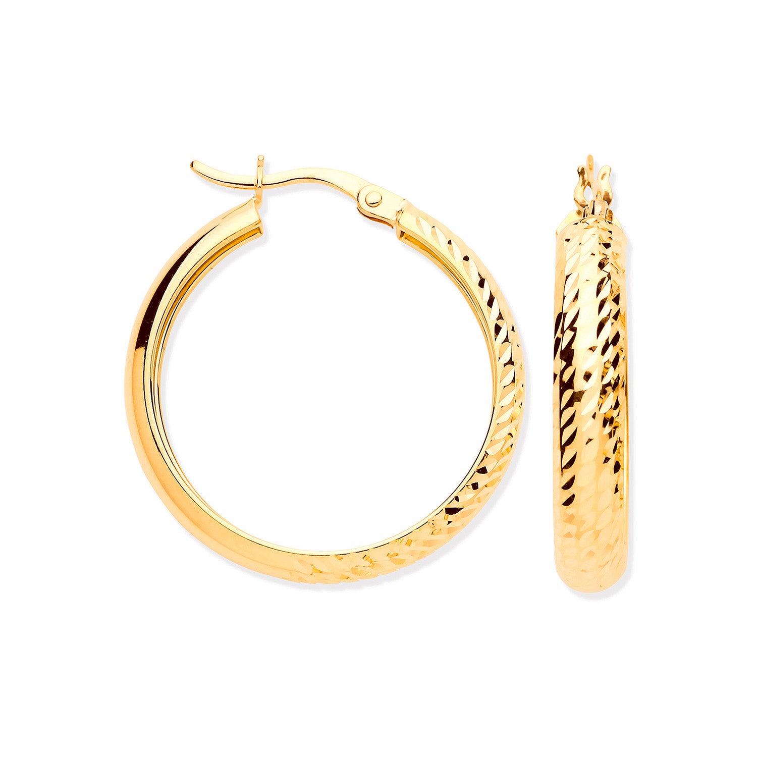 Yellow Gold 24mm Half DC Half Plain Hoop Earrings - 9ct Gold