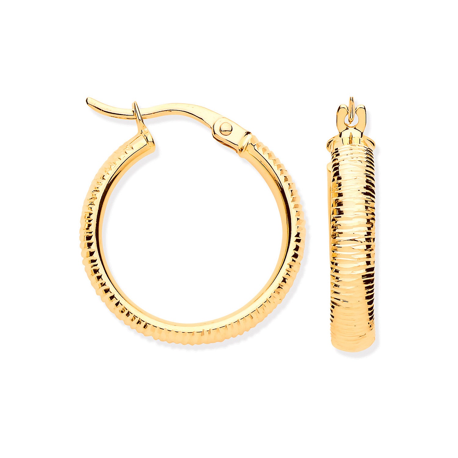 Yellow Gold 18mm Ribbed Hoop Earrings - 9ct Gold
